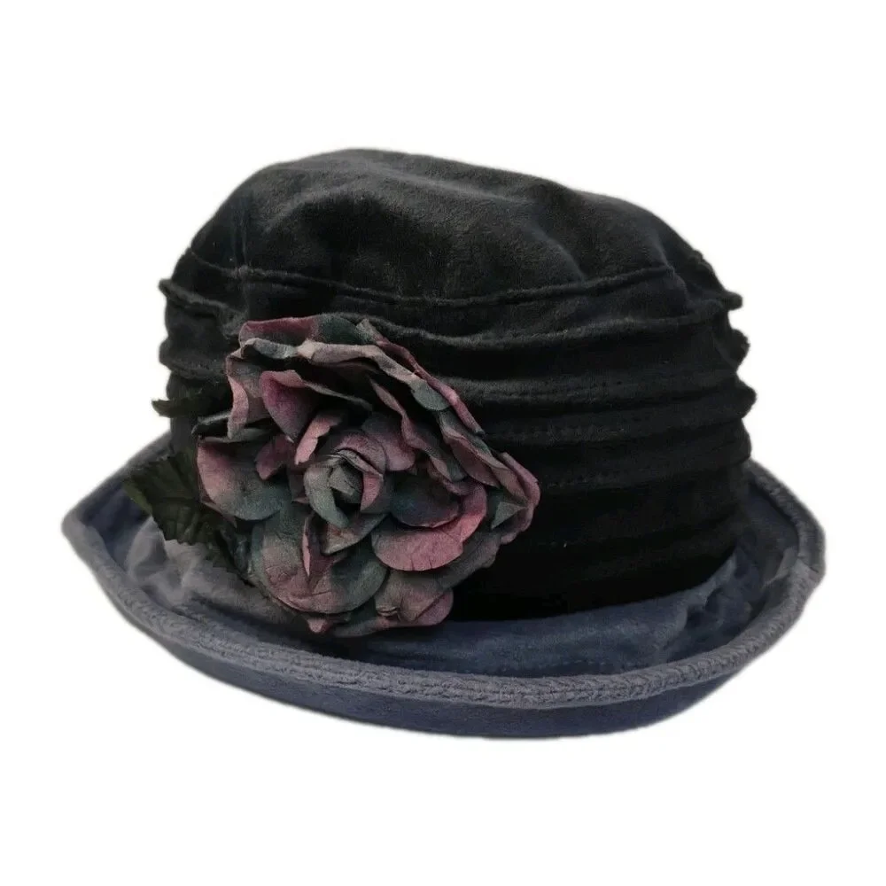 Packable Velvety Hat with Flower Gray Black Purple Never Worn One Size